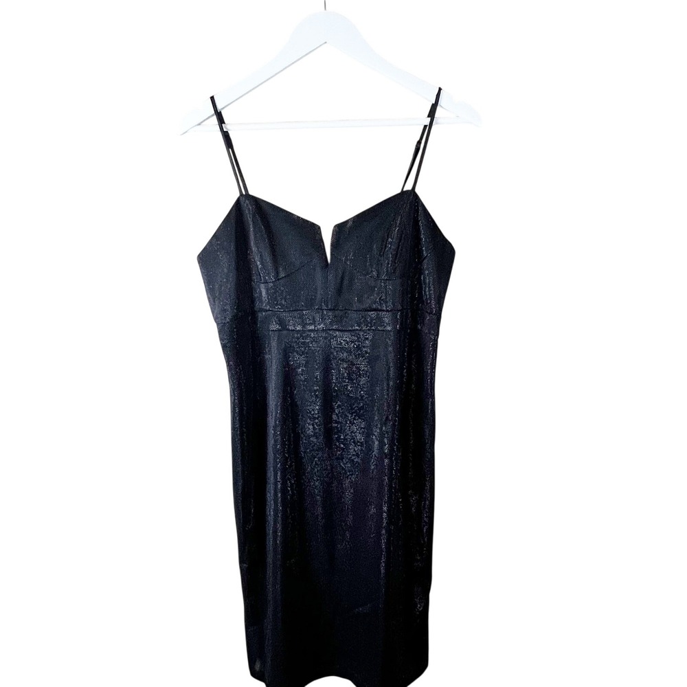 Bardot Black Metallic V Neck Spaghetti Strap Sheath Dress NEW US 10 L Party Date